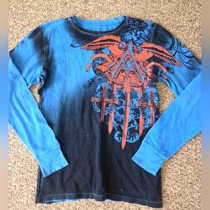 Archaic Altelier by‎ Affliction Shirt L Men's Thermal Blue All Over Print
